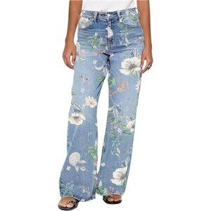 Women's Floral Embroidery Straight Leg High Waist Wash Jeans Elegant
